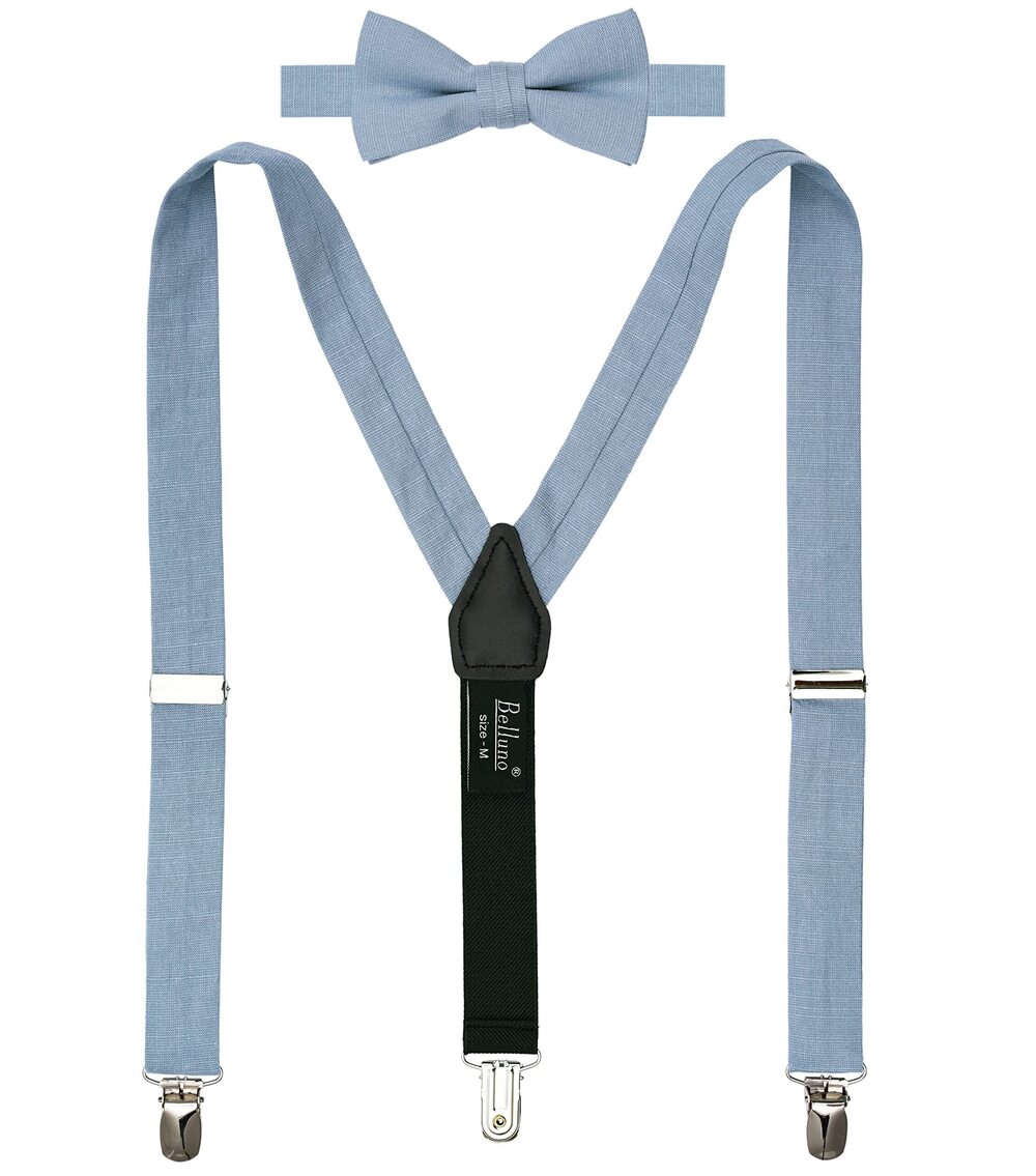 6229 Dusty Blue Pre-tied Bow Tie and Suspenders Set, Cotton and Linen